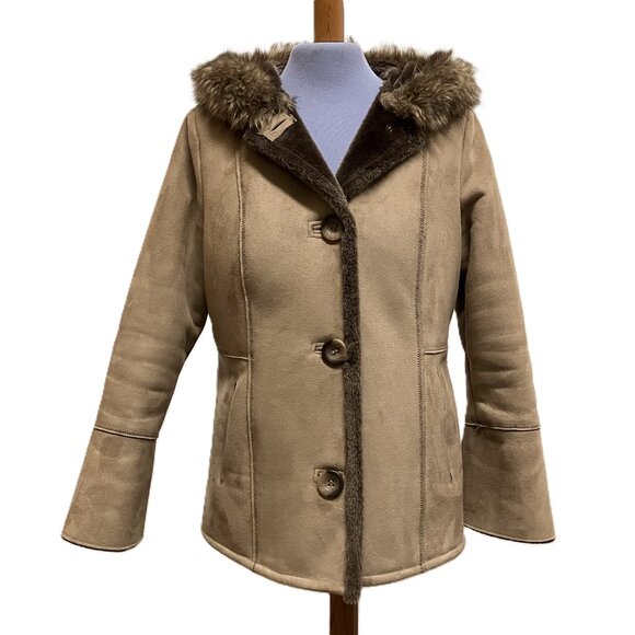 Tower by London Fog Hooded Coat Faux Suede with Faux Fur Shearling Lining Tan - Picture 2 of 11